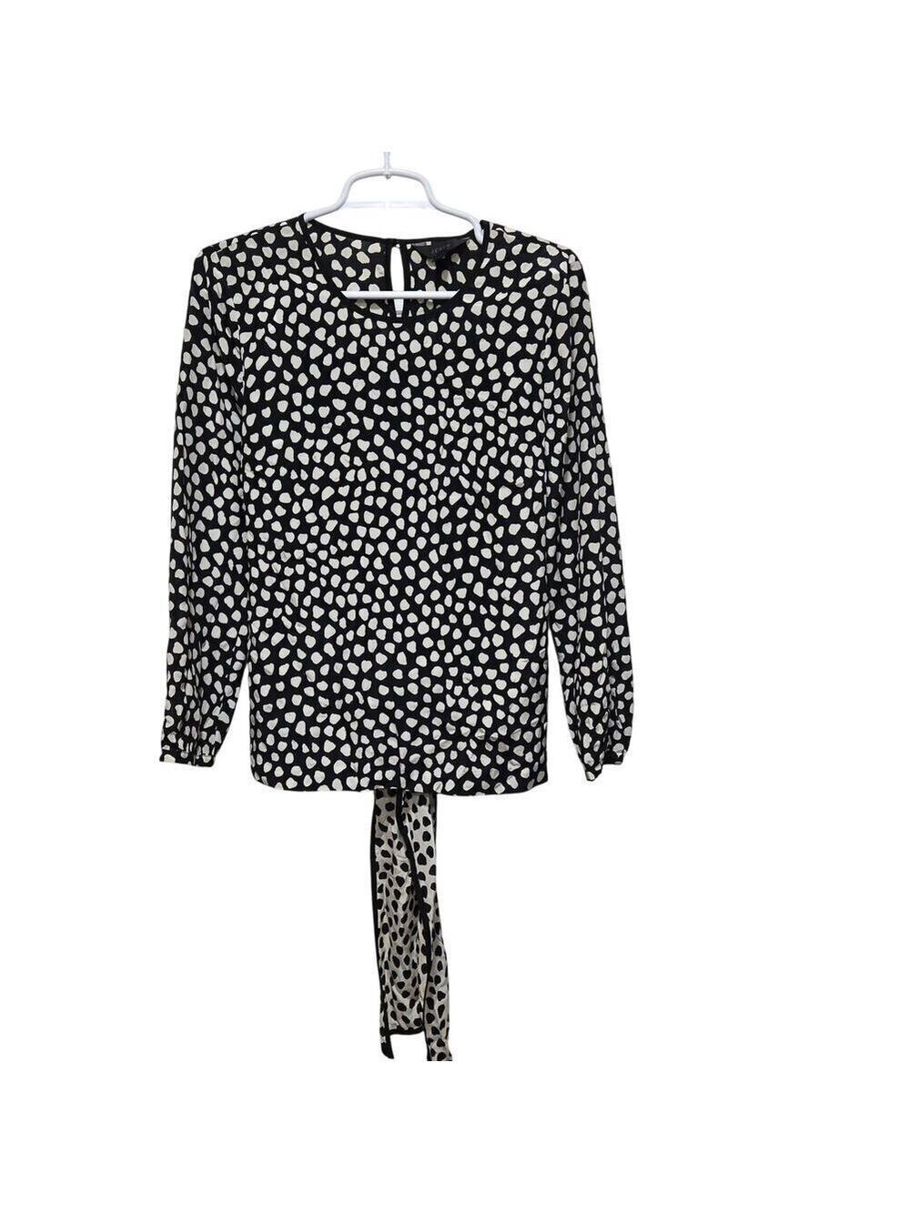 J Crew Silk Tie Back Blouse Black Ivory Dot Print Size 6
